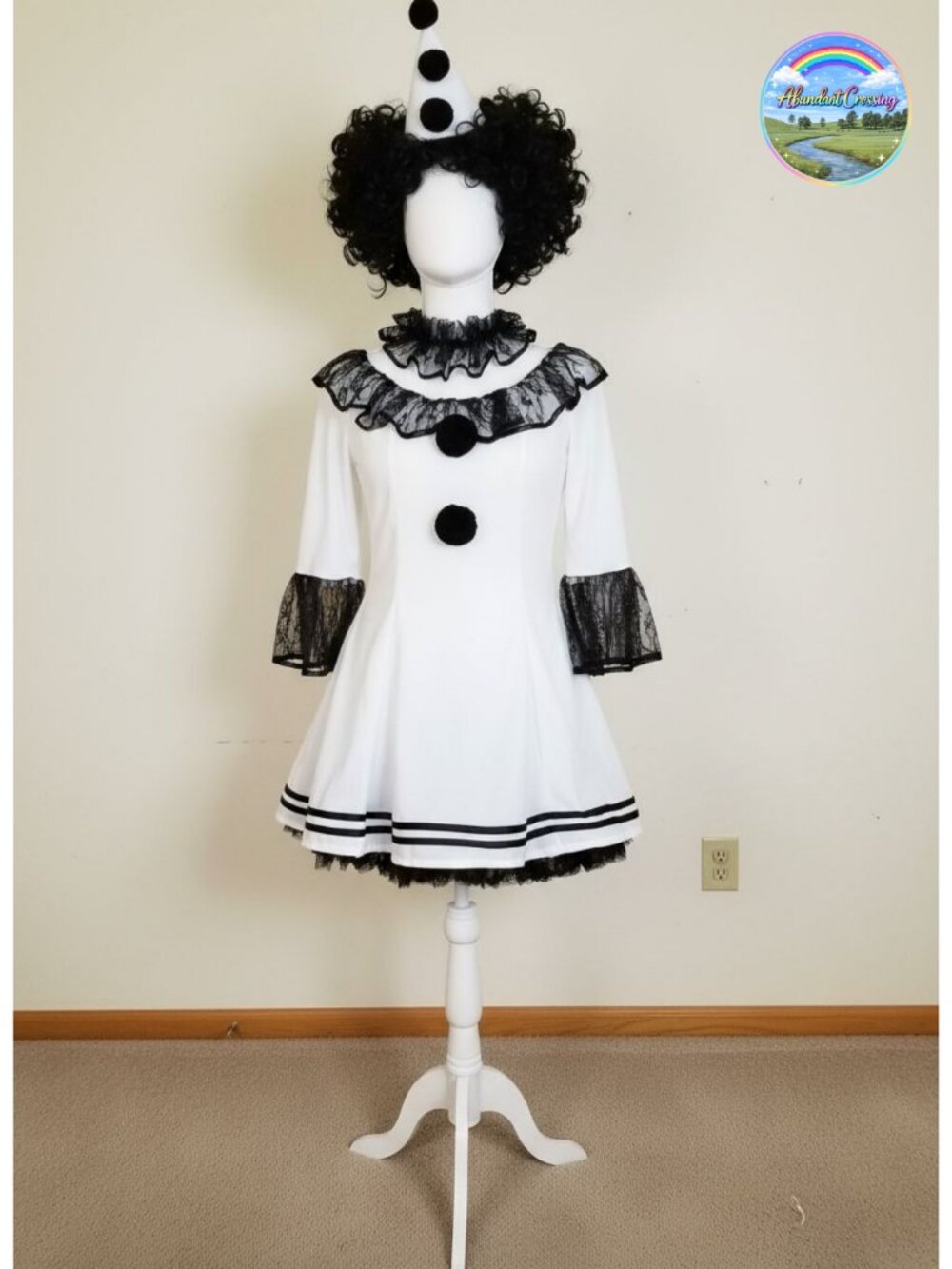 Pierrot Clown Costume 3 PC Velvet Dress Ruffle Collar Hat